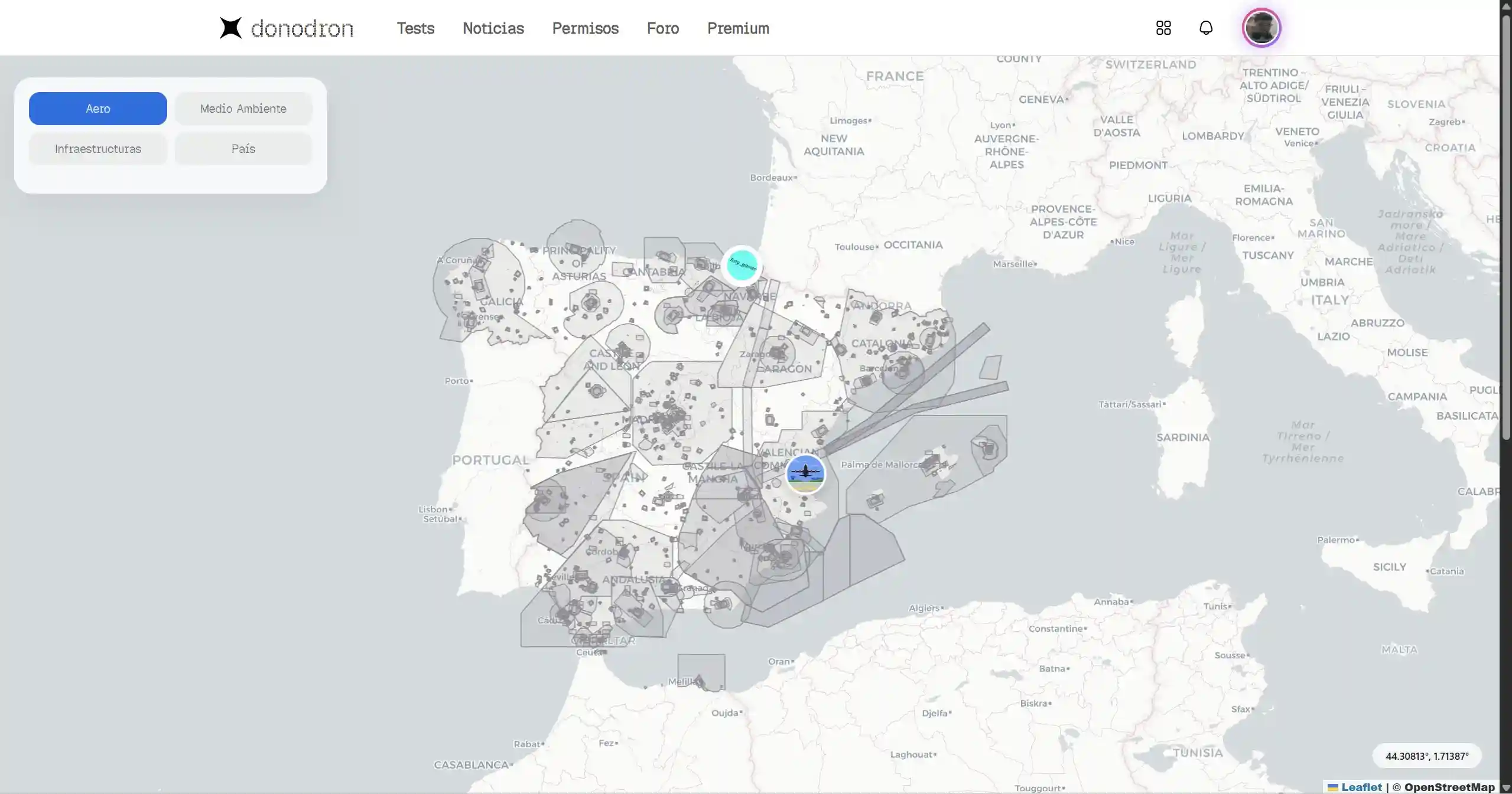Mapa interactivo de posts de usuarios que han realizado vuelos de drones en España
